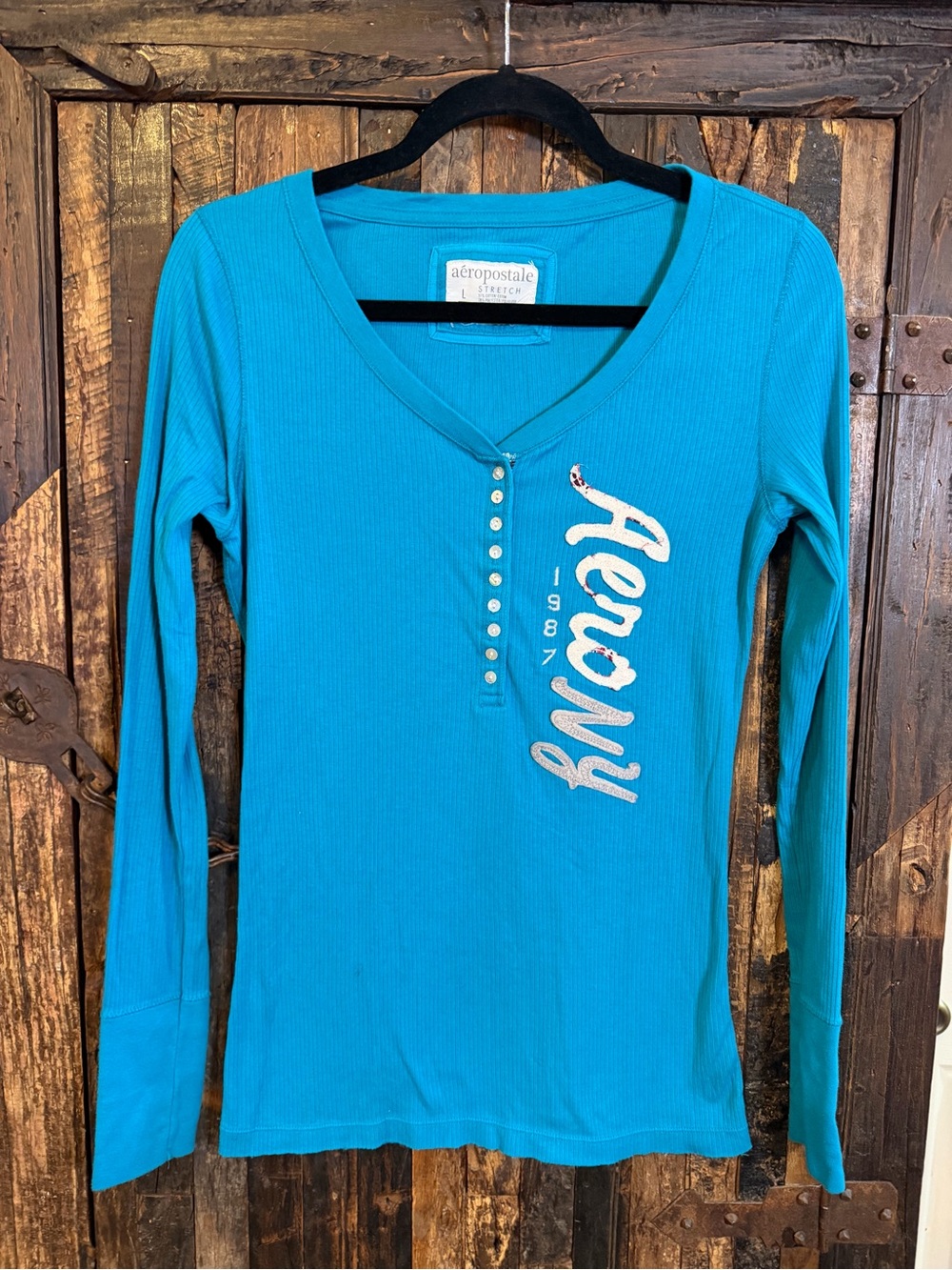 Aeropostale Women’s L Henley Shirt Blue Ribbed Long Sleeve Y2K Logo mall girl